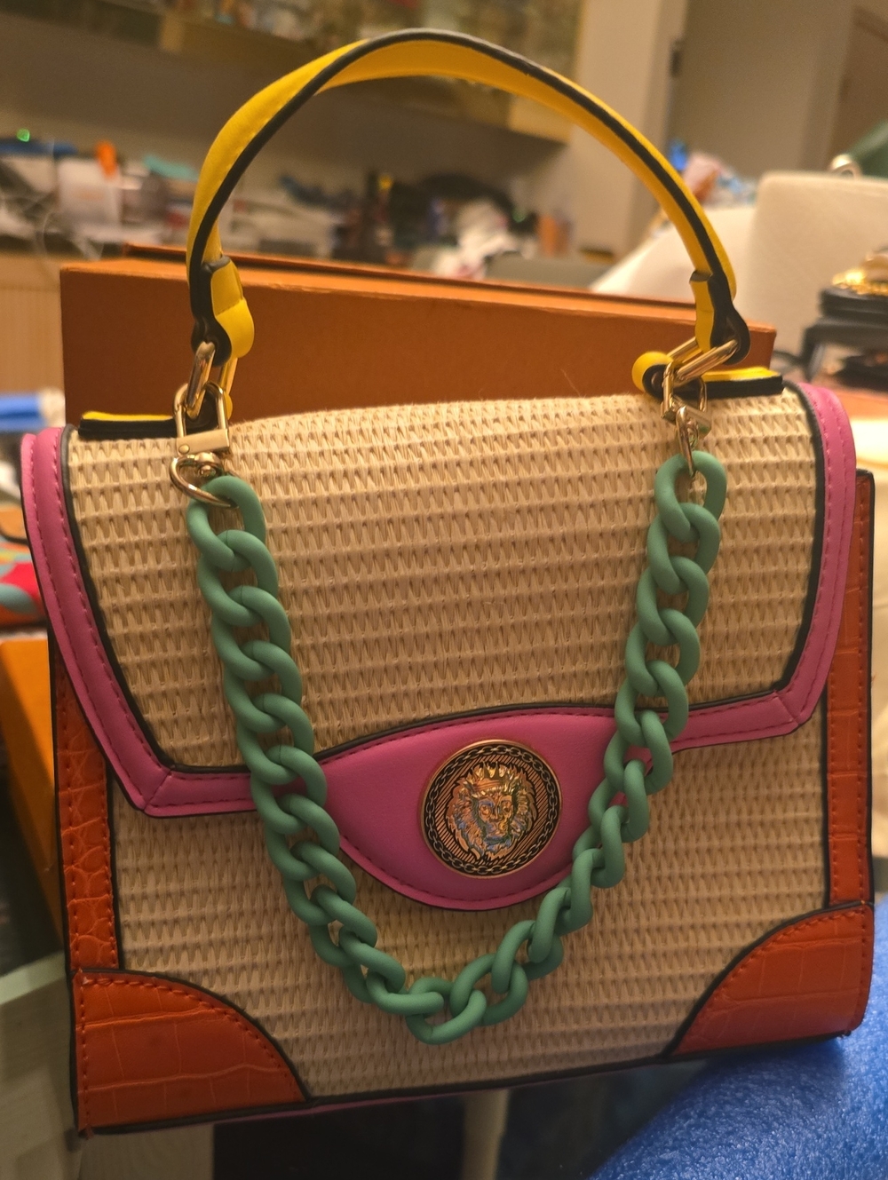 Colorblock Woven Top-Handle Bag - Pink, Yellow & Turquoise